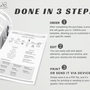 May include: A black and white image showing a wedding itinerary template with a three-step guide for ordering, editing, and printing the template. The guide includes the text "DONE IN 3 STEPS" and the steps are numbered 1, 2, and 3. The text "ORDER", "EDIT", and "PRINT" are included in the guide.