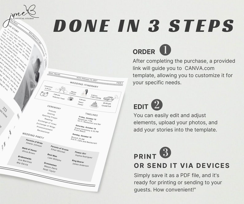May include: A black and white image showing a wedding itinerary template with a three-step guide for ordering, editing, and printing the template. The guide includes the text "DONE IN 3 STEPS" and the steps are numbered 1, 2, and 3. The text "ORDER", "EDIT", and "PRINT" are included in the guide.