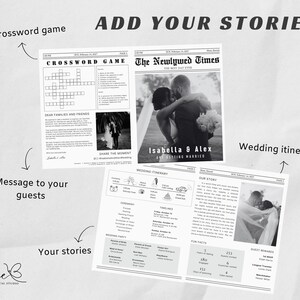 May include: A black and white wedding newspaper template with the title "The Newlywed Times" and the text "Isabella & Alex are getting married". The template includes a crossword puzzle, a message to guests, a wedding itinerary, and a place for guests to share their stories.