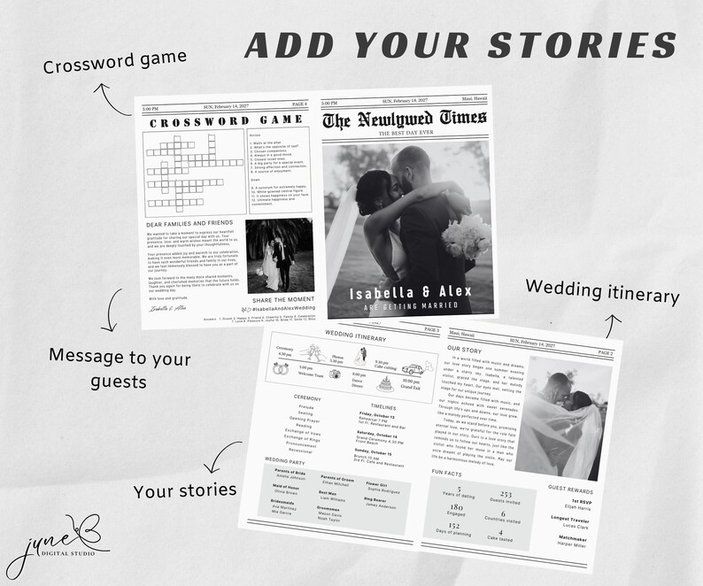 May include: A black and white wedding newspaper template with the title "The Newlywed Times" and the text "Isabella & Alex are getting married". The template includes a crossword puzzle, a message to guests, a wedding itinerary, and a place for guests to share their stories.