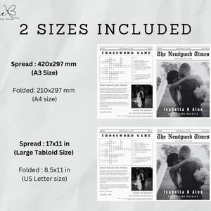 May include: Two black and white printable wedding newspaper templates. The top template is 17x11 inches and the bottom template is 8.5x11 inches. Both templates feature a crossword puzzle, a message to family and friends, a photo of the couple, and the text "The Newlywed Times".
