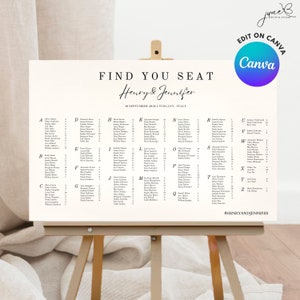 Minimalist Alphabetical Seating Chart Sign, Wedding Seating Chart Template, Seating Chart Board, find your seat template editable on Canva