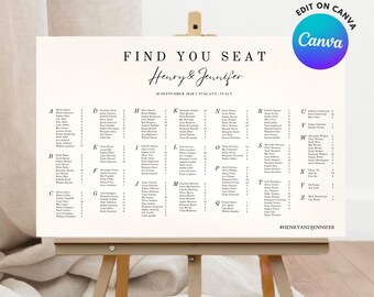 Minimalistisch alfabetisch zitplaatsengrafiekbord, bruiloft zitplaatsengrafieksjabloon, zitplaatsenkaartbord, vind uw stoelsjabloon bewerkbaar op Canva
