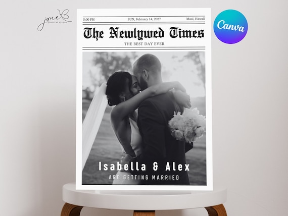 Newspaper wedding, Editable newspaper program template on CANVA, Wedding day timeline, Folded wedding Newspaper, Printable template