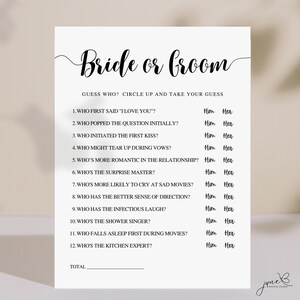 Könnte beinhalten: Ein druckbares Brautparty-Spiel mit dem Titel "Bride or Groom" und einer Liste von 12 Fragen, um zu erraten, wer in der Beziehung was tut. Die Antwortmöglichkeiten sind "Er" oder "Sie".