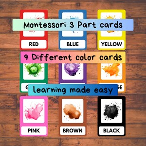 Cartões montessori de 3 partes, cartões digitais imprimíveis, cores, cartões de aprendizagem para crianças pequenas, cartões montessori