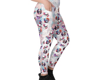 Day of the Dead sugar skull crossover leggings with pockets for Halloween, sizes 2xs - 6xl
