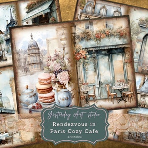 Peut inclure: Un collage numérique d'illustrations à l'aquarelle représentant des cafés parisiens et des scènes de rue. Les images comprennent un café avec une auvent bleu, un café avec une auvent vert, un café avec une auvent rouge et un café avec une auvent jaune. Les images comprennent également une scène de rue avec une rue pavée, une scène de rue avec une fontaine et une scène de rue avec une statue. Le texte "Yesterday Art Studio Rendezvous in Paris Cozy Cafe printable" est inclus dans l'image.