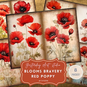 Kit de carnet coquelicot Junk Journal pages coquelicots kit de scrapbooking numérique collage coquelicots éphémères coquelicot rouge papier numérique fleurs sauvages vintage