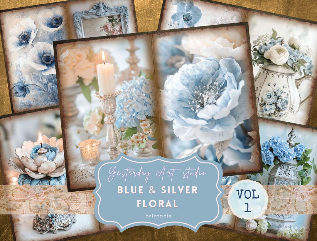 Dreamy Vintage Floral Junk Journal Kit Blue and Silver Flowers Ephemera ...