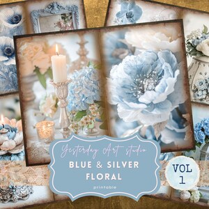 Dreamy Vintage Floral Junk Journal Kit Blue and Silver Flowers Ephemera Shabby Chic Junk Journal Pages Dusty Blue Floral Scrapbooking Supply