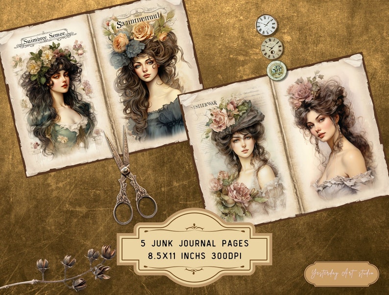 Watercolor Victorian Women Junk Journal Pages Ephemera Digital ...