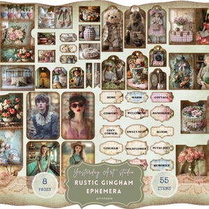 Shabby Floral Gingham Junk Journal Kit, Vintage Cottagecore Ephemera, Printable Scrapbook Paper & Clipart gingham digital kit trifold folio
