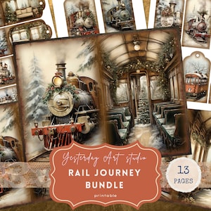 Kit de diario basura de tren Tren Ephemera Etiquetas de papel de álbum de recortes digital Tarjeta ATC Vintage Tren de Navidad Páginas de diario basura Paquete de tren festivo