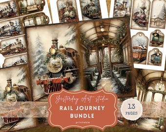 Train Junk Journal Kit Train Ephemera Digital Scrapbook Paper Tags ATC Card Vintage Christmas Train Junk Journal Pages Festive Train Bundle
