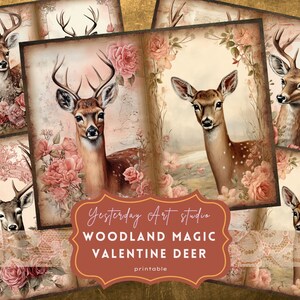 Valentine Deer Junk Journal Página Ephemera Digital Scrapbook Valentine Paper Kit Collage Valentines Junk Journal Kit Papel del Día de San Valentín