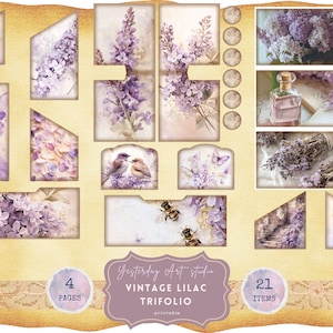 Lilac Junk Journal Kit, Vintage Floral Printable Ephemera, Lilac-Themed Scrapbook Pages, Lavender Journal Ephemera, Journal Folio Trifold