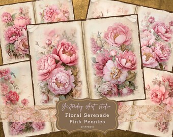 Sérénade florale pivoines roses indésirables, pages de journal, kit de papier de scrapbooking numérique vintage éphémères imprimables feuille de collage, fournitures de journal