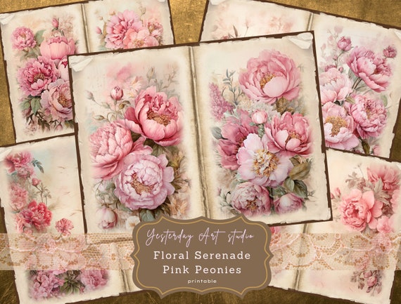 Peonies Digital Paper Printable Vintage Floral Scrapbook Paper for  Scrapbooking, Paper Crafts, Card Making