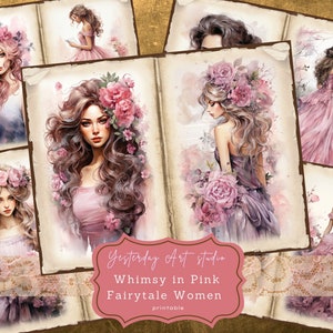 Pink Fairytale Women Junk Journal Pages Ephemera Digital Scrapbook Paper Kit Collage Enchanted women Junk Journal Fairytale illustrations