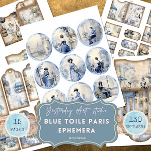 Vintage Francés Azul Toile Junk Journal Páginas Digital Scrapbooking Vintage Ephemera Papel Collage Hoja Azul Toile Paris Junk Journal Kits