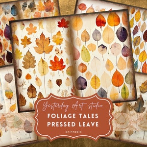 Folhas prensadas lixo diário para impressão, kit de papel para scrapbook, vintage, colagem de coisas efêmeras, folhas secas, kit de diário, plantas secas