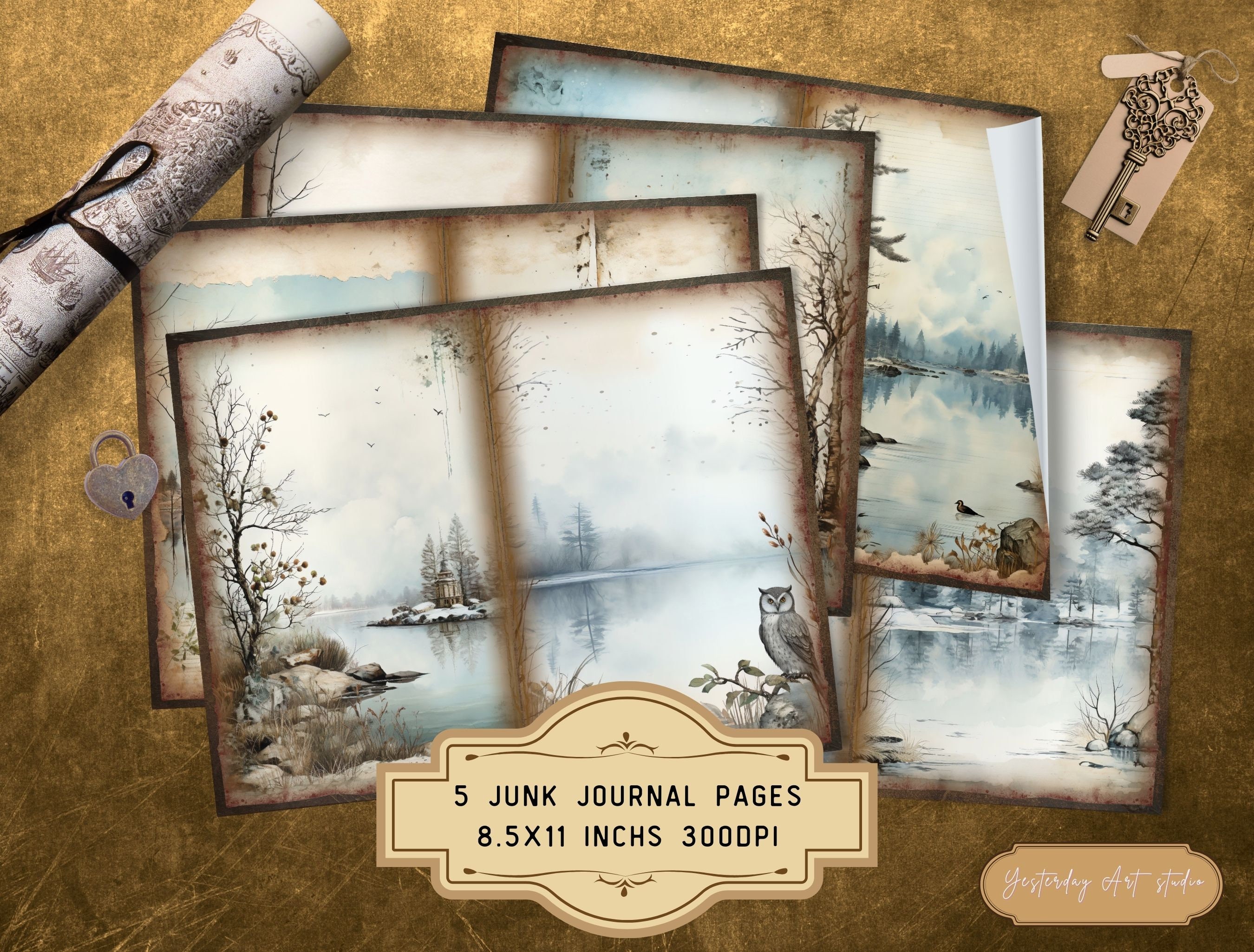 Winter Lake Junk Journal Pages Ephemera Digital Scrapbook Paper Kit ...