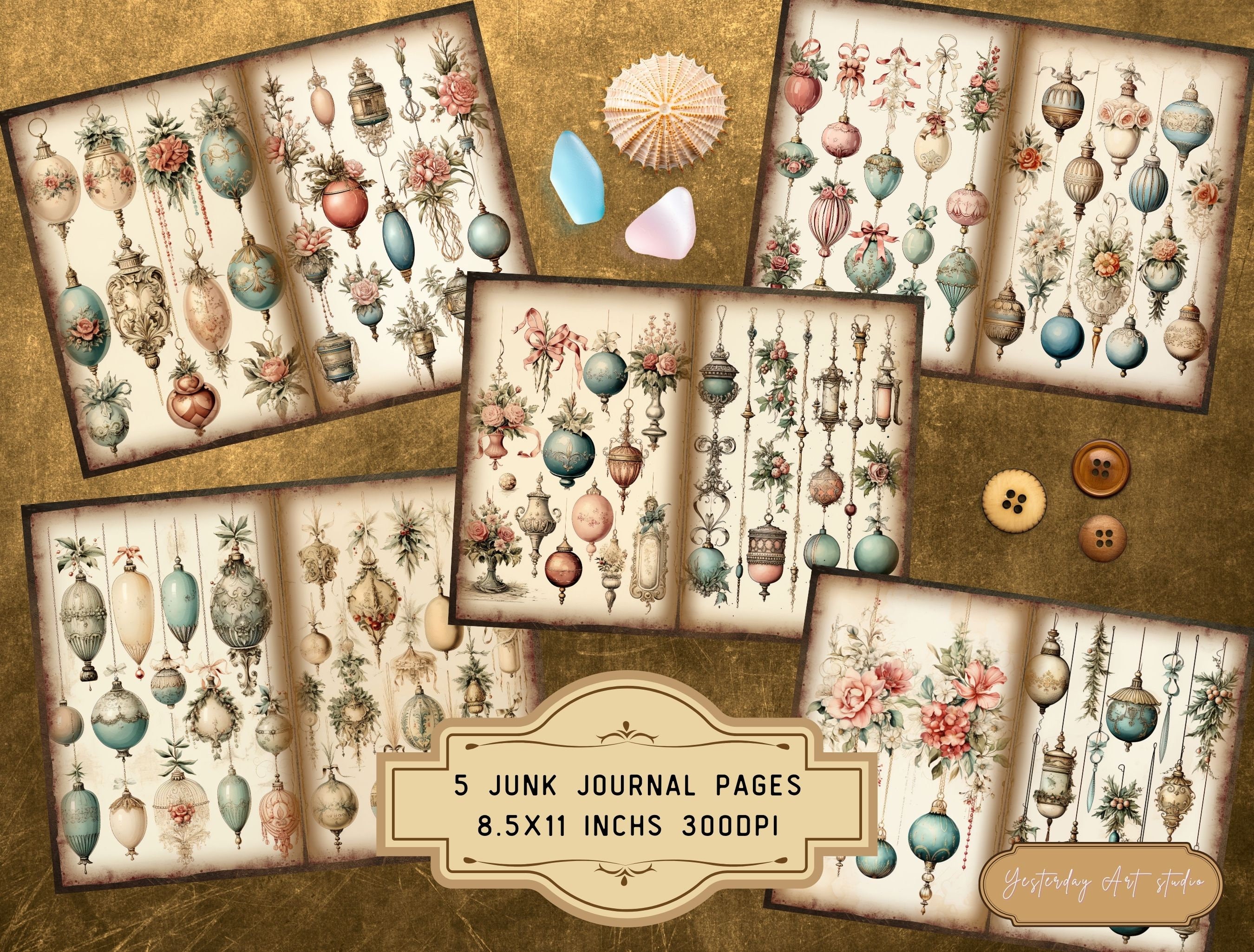 Vintage Ornaments Junk Journal Page Digital Scrapbook Paper Kit ...