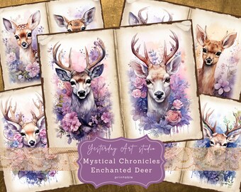 Watercolor Purple enchanted deer junk journal pages Digital Scrapbook Paper Kit Vintage Ephemera Collage Sheet mystical deer junk journal