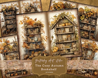 Cozy Autumn Bookshelf Junk Journal Pages Digital Scrapbook Paper Kit Vintage Ephemera Printable Paper Collage Sheet Journal Supplies