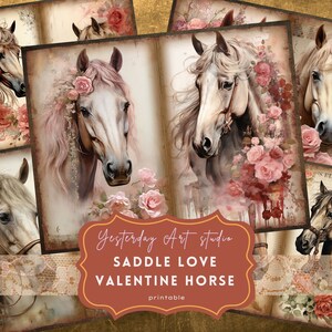 Valentine Horse Junk Journal Página Ephemera Digital Scrapbook Valentine Paper Kit Collage Valentines Junk Journal Kit Papel del Día de San Valentín