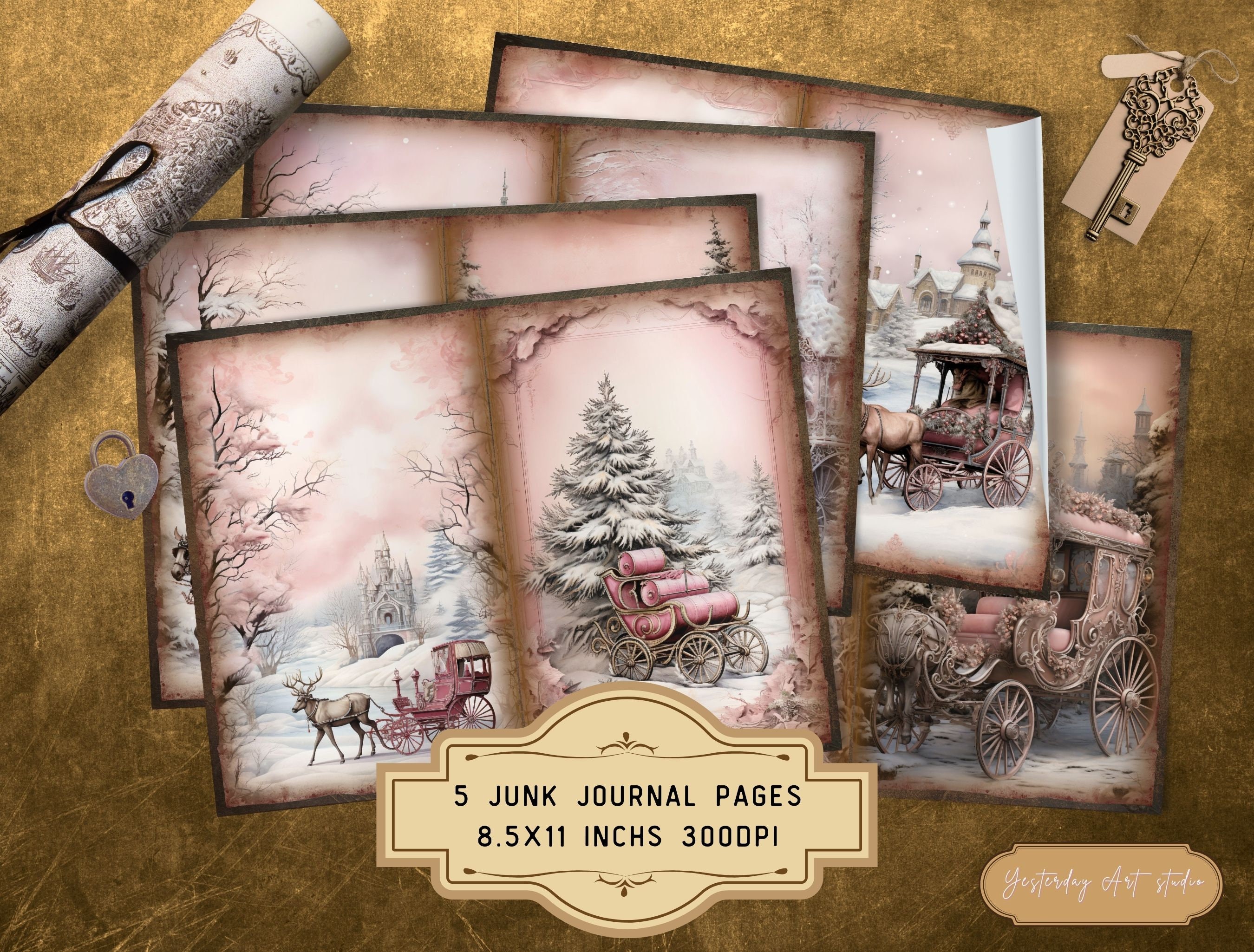 Pink Christmas Junk Journal Pages Ephemera Digital Scrapbook Paper Kit ...