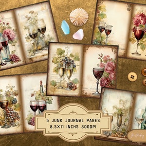 Peut inclure: Cinq pages de journal imprimables avec des illustrations vintage de verres &agrave; vin, de raisins et de fleurs. Chaque page mesure 8,5 x 11 pouces et 300 DPI.