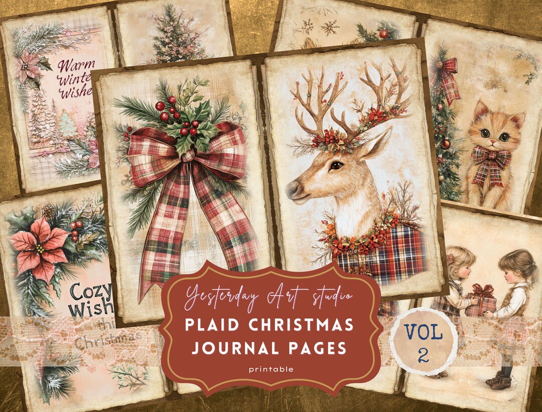 Vintage Christmas Holiday Plaid Faded Collage Rustic Floral Printable ...