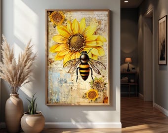 Girasole e ape acquerello STAMPABILE Wall Art Bee Girasole Decorazione da parete Arte da parete di lusso a tema ape Regalo di arte da parete Girasole dipinto ad acquerello w14
