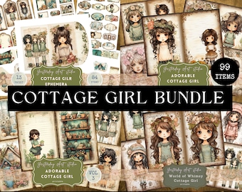 Adorable Cottage girl Junk Journal BUNDLE Digital Scrapbook Paper Kit Vintage Ephemera Printable Paper Collage Sheet Journal Kits Cute girls