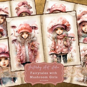 Pink Mushroom Girl Junk Journal Pages Ephemera Digital Scrapbook Mushroom girl Paper Kit Collage Adorable Mushroom Girl Junk Journal Kits