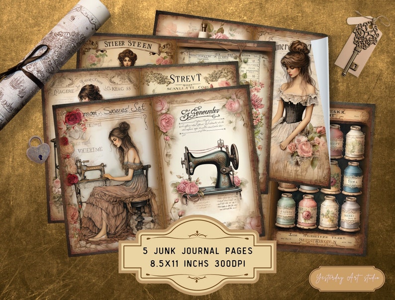 The Seamstress Junk Journal Pages Digital Scrapbook Paper Kit Vintage Ephemera Printable Paper ...