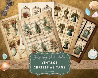 Vintage Christmas Junk Journal Tags Labels Ephemera Printable Fussy Cut Craft Supplies Embellishments Digital Download Scrapbook Card