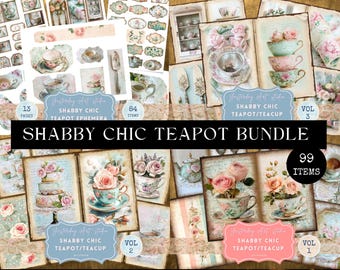 May include: A digital scrapbook paper bundle with 99 images featuring vintage teacups, teapots, and floral designs in pastel colours. The title of the bundle is "Shabby Chic Teapot Bundle".