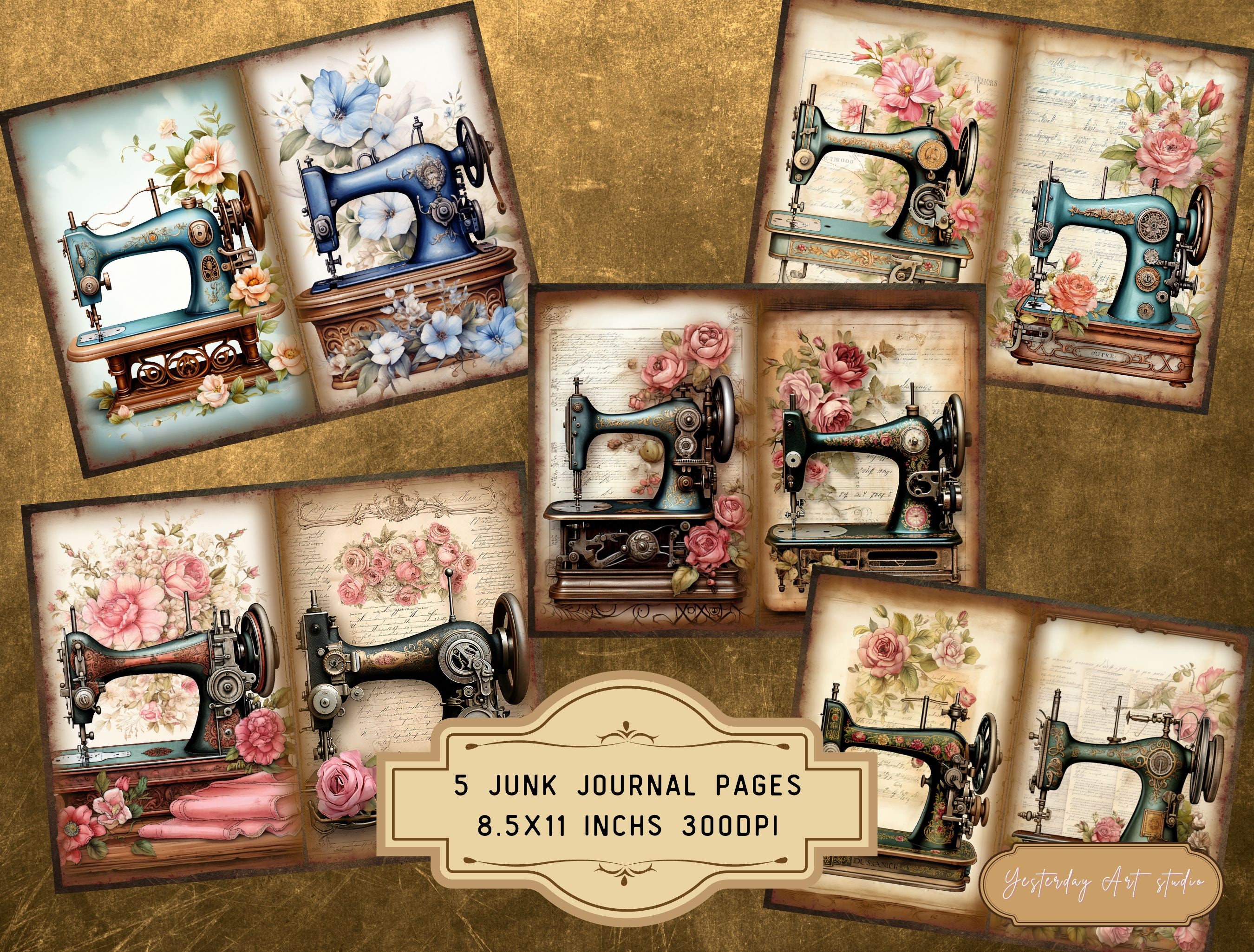 Vintage Sewing Machine Junk Journal Pages Digital Scrapbook Paper Kit ...