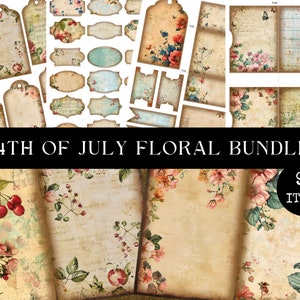 4th of July Junk Journal Kit USA Holiday Ephemera Patriotic Scrapbook Kit Independence Day Journaling Supplies Floral Fourth of July BUNDLE