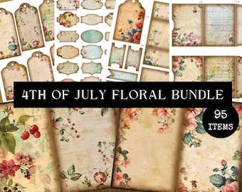4th of July Junk Journal Kit USA Holiday Ephemera Patriotic Scrapbook Kit Independence Day Journaling Supplies Floral Fourth of July BUNDLE