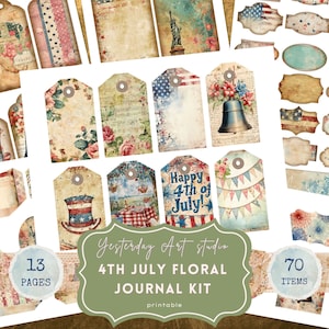 4th of July Junk Journal Kit USA Holiday Ephemera Patriotic Scrapbook Kit Independence Day Journaling Supplies Floral Fourth of July Pages