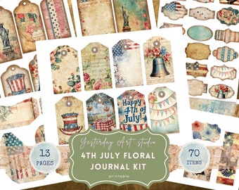 4th of July Junk Journal Kit USA Holiday Ephemera Patriotic Scrapbook Kit Independence Day Journaling Supplies Floral Fourth of July Pages