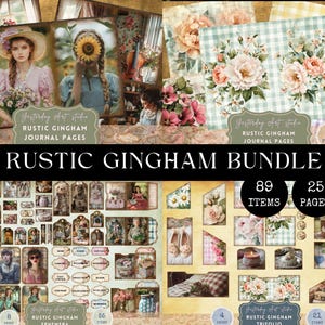 Shabby Floral Gingham Junk Journal Kit, Vintage Cottagecore Ephemera, Printable Scrapbook Paper & BUNDLE gingham digital kit trifold folio