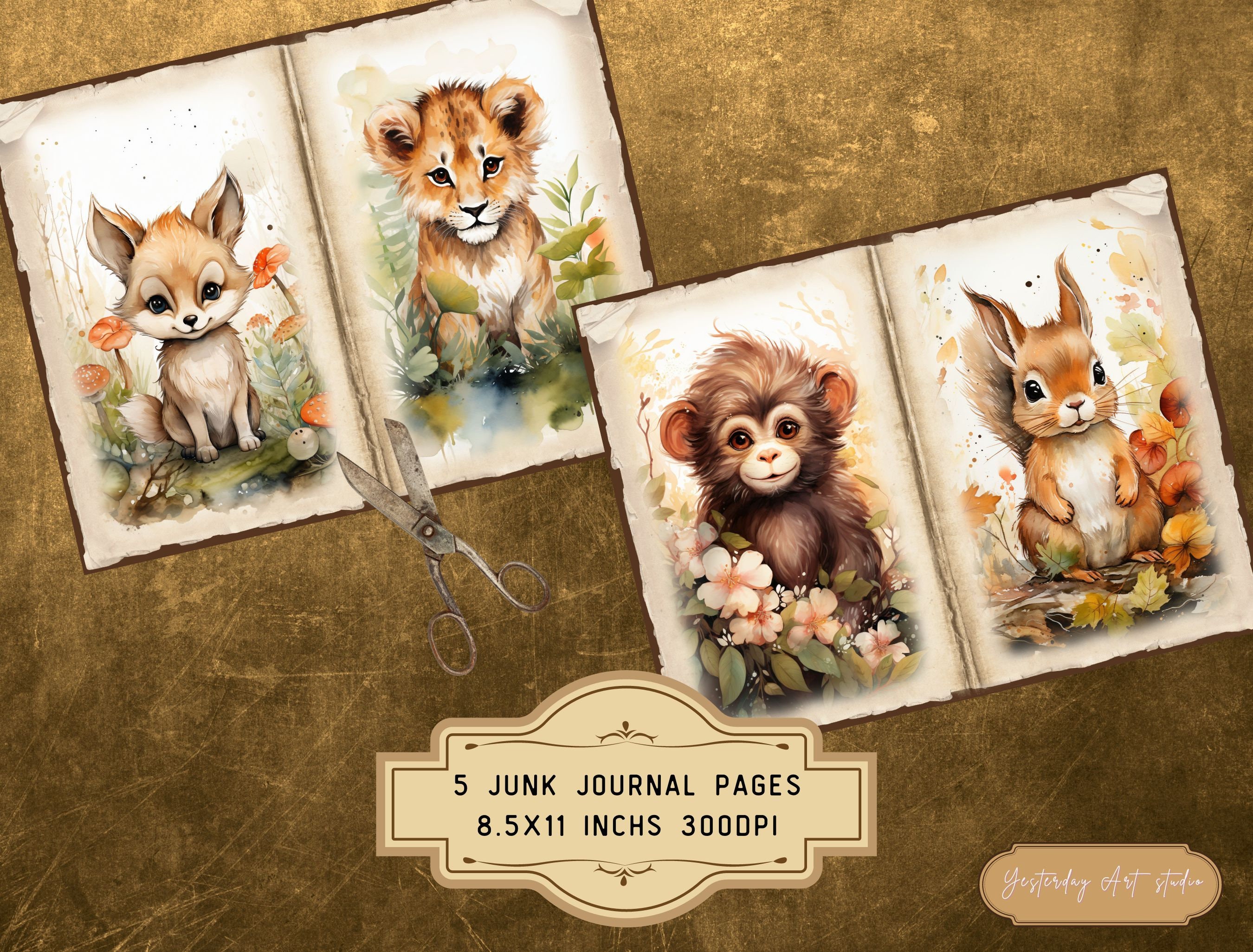 Watercolor Forest Animal Junk Journal Pages Ephemera Digital Scrapbook ...