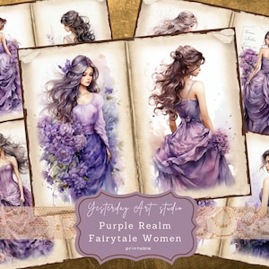 Watercolor Purple Fairytale Women Junk Journal Printable Papers Digital Scrapbook Paper Kit Vintage Ephemera Collage Sheet Purple Fairies