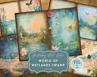 Junk Journal Swamp, Firefly Swamp Junk Journal, Lichen Swamp Junk Journal pages, Ethereal Swamp Junk Journal, Swamp Junk Journal Kit Wetland