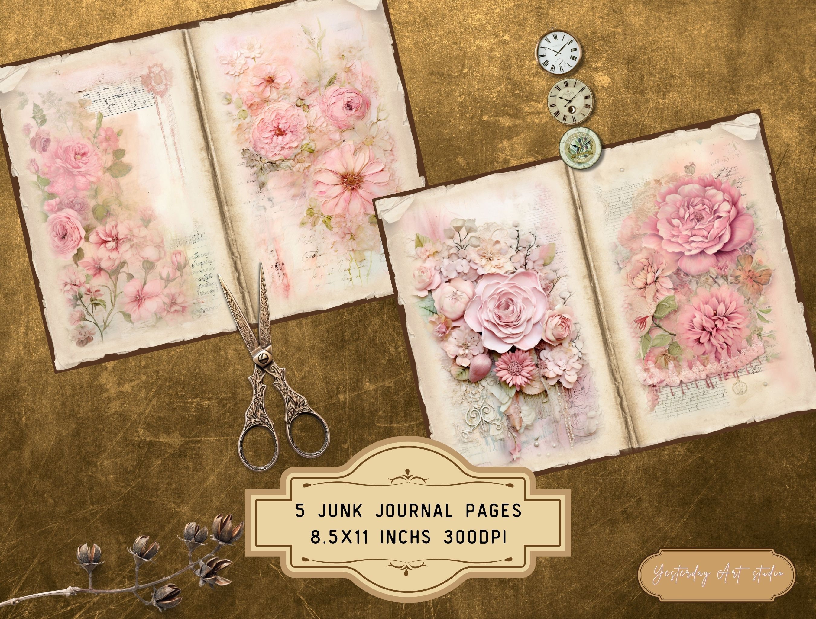Shabby Pink Floral Junk Journal Pages Ephemera Digital Scrapbook Paper ...